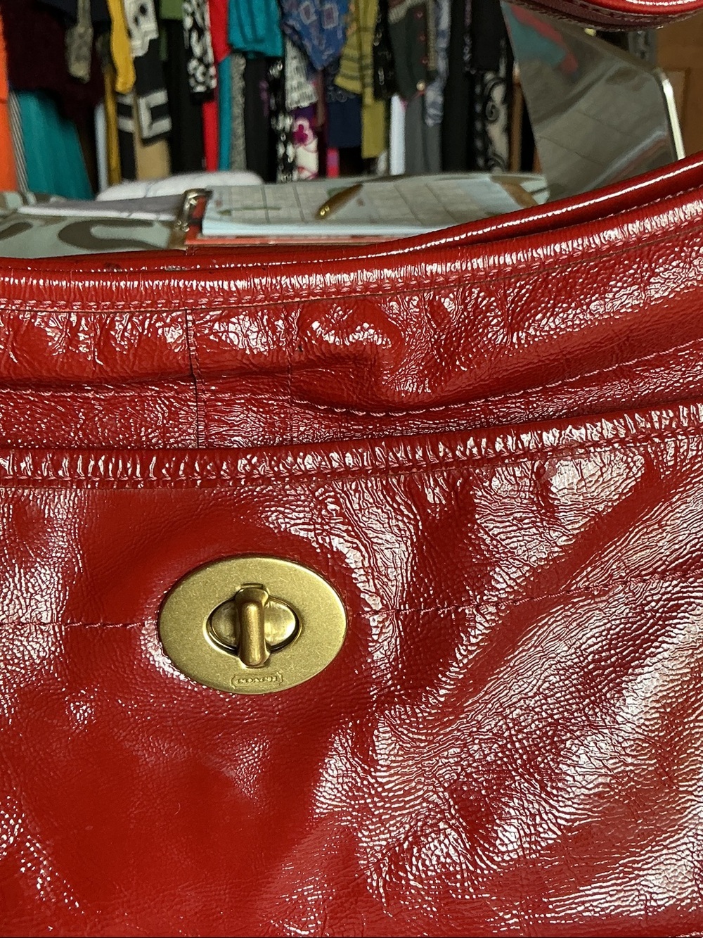 Coach Red Leather Shoulder Bag with Turn-Lock Pocket - Picture 13 of 15